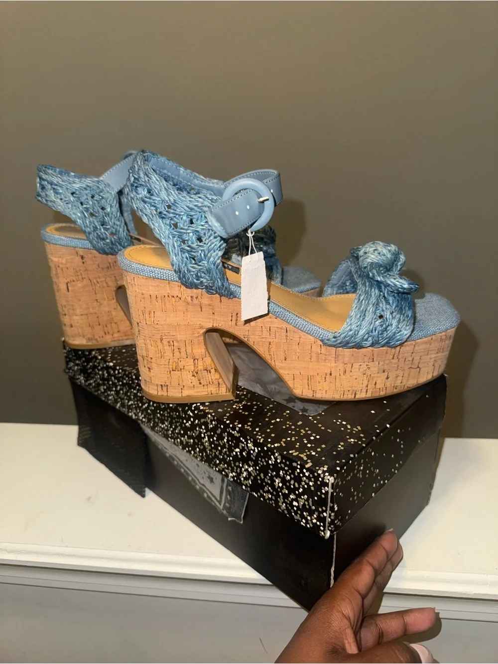 Blue Woven and Cork Platform Sandals